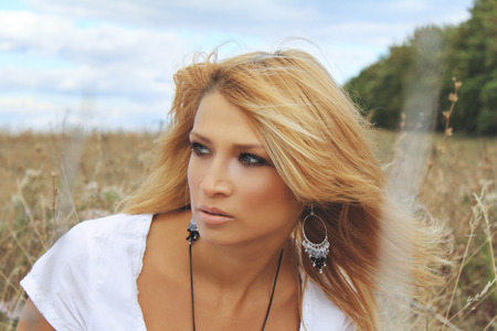 Portrait of a beautiful woman in natureの写真素材