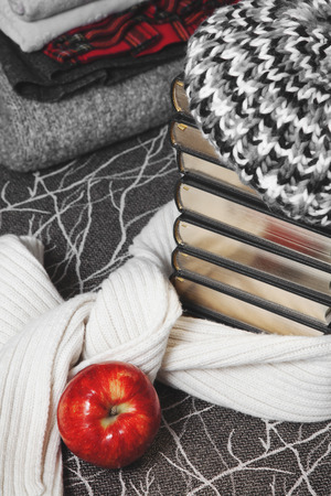 Composition of reading and relaxation at winter trip. Stack of winter clothes with red apple and books with glossy edge. Books wrapped beret and warm scarf.の写真素材