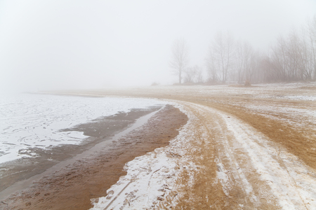 Wide sandy beach by the river in the fog in winter and rare trees in the distanceの写真素材