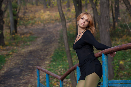 Beautiful blonde woman in a short black dress keeps for the railing of the bridge in autumn parkの写真素材
