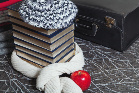 Composition of reading and relaxation at winter trip. Stack of winter clothes with red apple and books with silver edge. Books wrapped beret and warm scarf.の写真素材