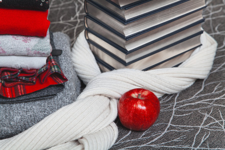 Composition of reading and relaxation at winter evenings. Stack of winter clothes with red apple and books with silver edgeの写真素材
