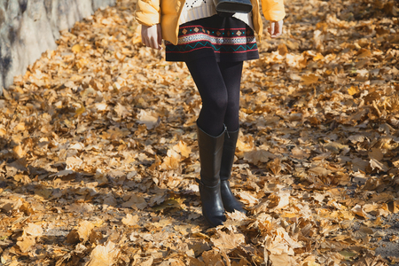 Slender legs of a teenage girl walking on yellow fallen leaves at sunny autumn dayの写真素材