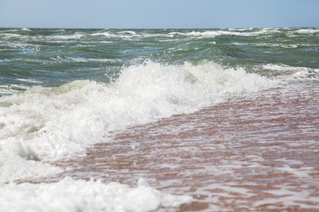 Sea wave on a sandy beach at summer morningの写真素材