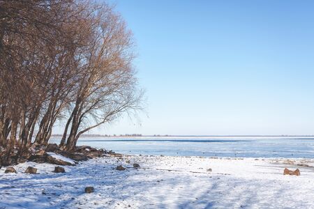 Beautiful winter landscape. Trees on the shore of the wide frozen river against a blue sky