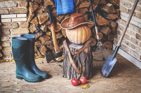 Autumn porch. On the stump is large ripe pumpkin on a background of chopped firewood. It leather hat and belt, close to the ax, shovel, rake and rubber bootsの写真素材