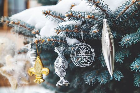 Group of Christmas toys of silver and yellow weigh on green branches snow-covered Christmas tree closeup
の写真素材