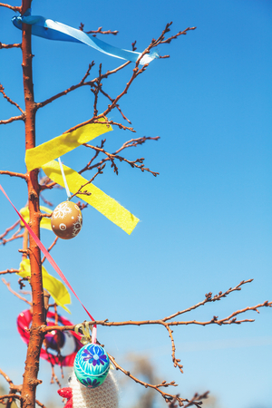 several painted Easter eggs hanging on a tree branch against a blue sky