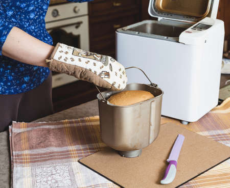Hands women pull out a form for baking bread from portable electric bread maker. Inside the form of fresh loaf of breadの写真素材