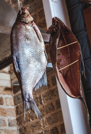 Two large, smashed breams are hung on a brick wall backgroundの写真素材
