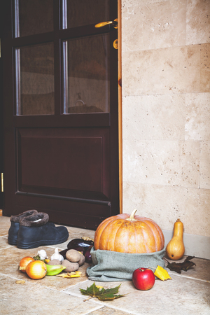 Autumn harvest on the doorstep. Big ripe pumpkin bag standing on the porch in front of the entrance door. Beside potatoes, garlic, onion, apple and rubber shoesの写真素材