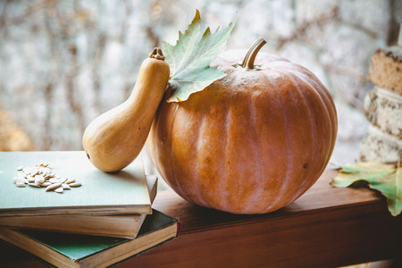 Beautiful romantic autumn still life. Two pumpkins of different shapes and a stack of books lie on the railing of the veranda. On top are seeds and a maple leafの写真素材