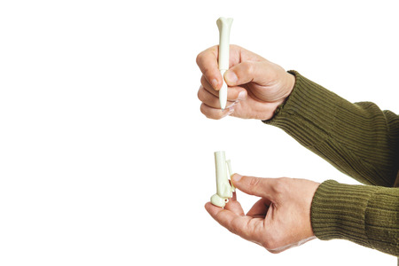 Souvenir in the year of the dog. Hands holding an original ballpoint pen in the shape of a stone on...
