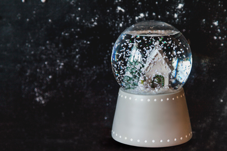 Christmas souvenir. A glass ball with a house and a Christmas tree inside on a snowy dark background.
の写真素材