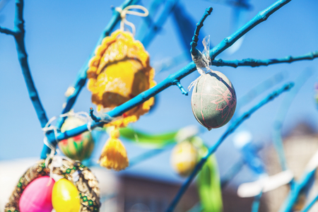 several painted Easter eggs hanging on a tree branch against a blue sky
の写真素材