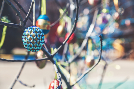 Painted Easter egg hanging on a tree branch blue outdoors
の写真素材