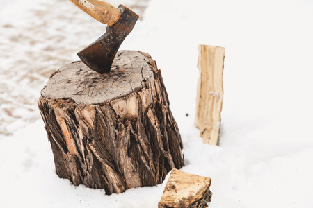 Harvesting of firewood in winter. The ax sticks out in a stump on white snow. Two halves of a split log stick out in the snowの写真素材