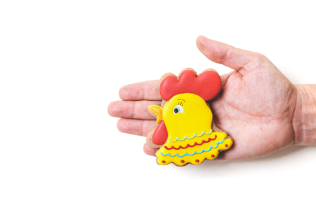 Beautiful gingerbread in the form of a rooster head lies on the palm on a white background
の写真素材