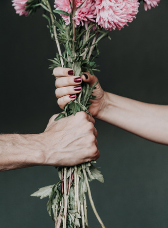 romantic moment. A man hand presents a bouquet of pink chrysanthemums to a woman hand with a beautiful manicure
の写真素材