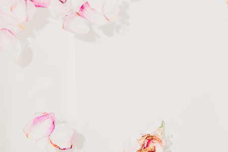Floral abstract background. Beautiful petals of withered roses with a float in the water on a white...