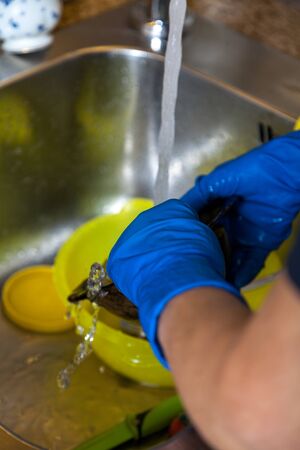 Washing dishes. Hands in blue rubber gloves are washed under running water in a metal car wash close-upの写真素材