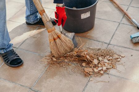 We remove the fallen needles of pine. Hands remove dried pine needles with a broom and metal spatula from a ceramic tile.の写真素材
