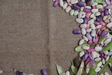 Pods and bean seeds of different colors lie on a burlap. View from above