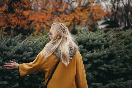 pretty blonde in a yellow coat walks along the alley of small fluffy Christmas trees and touches them with her hand. View from the backの写真素材