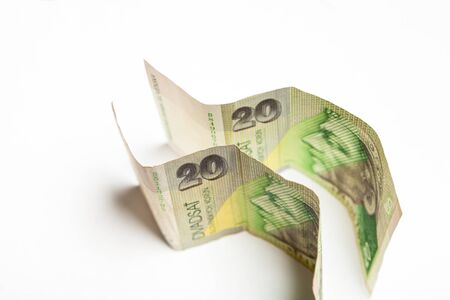 2020. Two paper notes in denominations of 20 Slovak crowns stand on a white background. Banknotes...