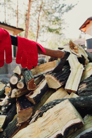 ax on a long handle sticks out in a mulberry wood log. Red work gloves hang on the handle. Close-up

の写真素材