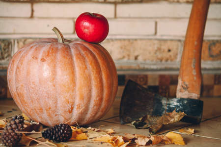 Halloween is coming. A large orange pumpkin is on the shelf. Nearby is a beautiful red apple, pine cones and yellow leaves. There is a big ax behindの写真素材