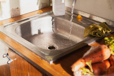 Stainless kitchen sink in a wooden worktop. A stream of water flows from the tapの写真素材