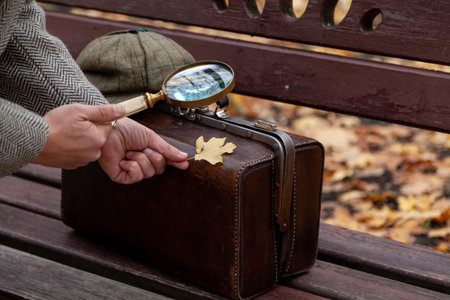 right hand of a botanist in a gray coat holds a magnifying glass over yellow leaves in an autumn park. There is a leather bag nearbyの写真素材