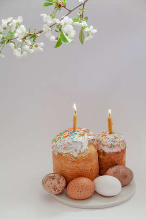 Easter still life. Two Easter cakes and eggs stand on a white background. Burning candles are inserted into the cakes. Top view of a tree branch with white flowersの写真素材