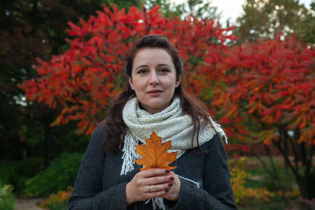 beautiful young woman with long red hair stands in the middle of an autumn park. Holds a yellow leaf...