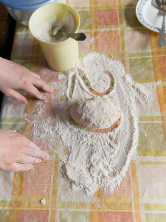 layer of white flour lies on the checkered tablecloth. It reads 20. A piece of dough represents...