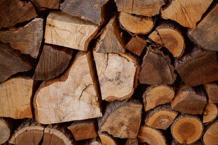 Background from wooden logs. Chopped firewood from different trees are densely stacked in several...
