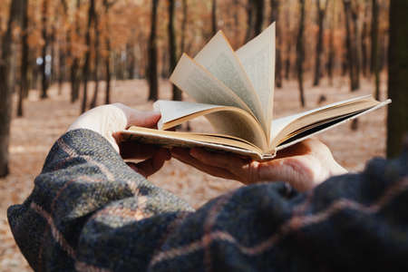 Hands turn over the pages of an open book in the autumn forest close-up