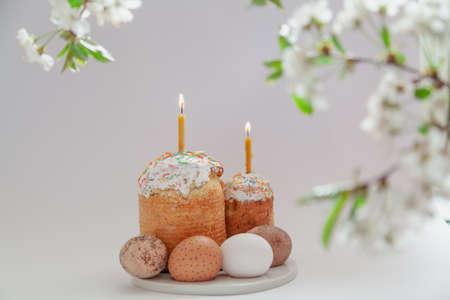 Easter still life. Two Easter cakes and eggs stand on a white background. Burning candles are inserted into the cakes. Top view of a tree branch with white flowersの写真素材