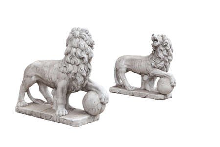 Two marble lions with a lush mane and open mouth stand on a pedestal isolated on a white background and look at each other. Front paws rest on the ballの写真素材