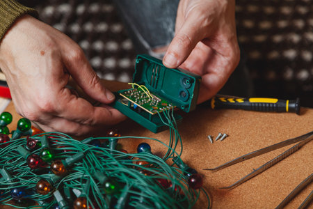 Preparing for the New Year. Repair of a Christmas tree electric garland. Hands opened the box of the control unitの写真素材