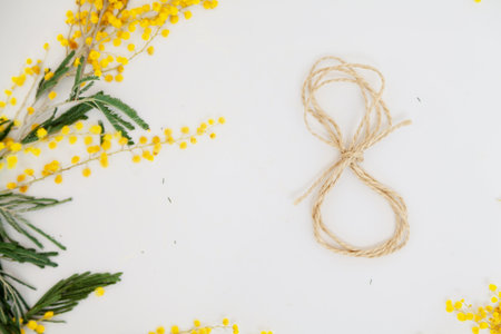 March 8 is a spring holiday. Number 8 made of rope lies on a white background close-up. Nearby lies...