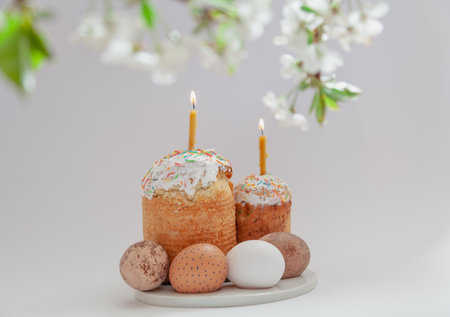 Easter still life. Two Easter cakes and eggs stand on a white background. Burning candles are inserted into the cakes. Top view of a tree branch with white flowersの写真素材