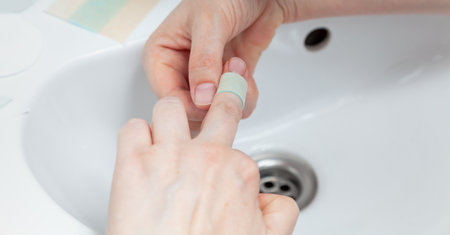 Prevention of small cuts of the hand. The right hand sticks a narrow strip of a bactericidal patch on the middle finger of the left hand. close-upの写真素材