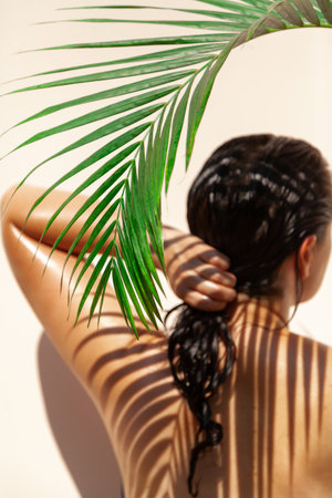 Erotica under the palm tree. A nude, plus-size brown-haired woman touches her hair under a green Hovei palm tree. view from the back. The original shadows turned out on the bodyの写真素材