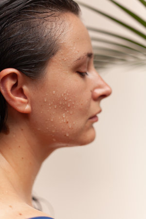 Portrait of a pretty Slav woman with water drops on her face. Blurred green palm branch in the backgroundの写真素材