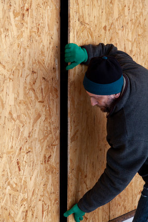 A man with a beard and green gloves installs a chipboard in a vertical structureの写真素材