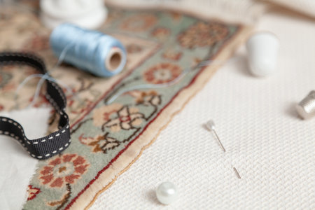 A corsage pin with a white pommel sticks out in a white fabric with a fine checkered structure. Nearby on the rug lies a black ribbon with white stitching and a black brooch.の写真素材