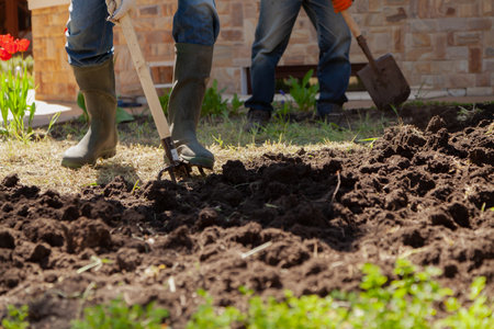 Earthworks in the yard. Two people are digging up a plot of land in front of the house. One worker digs with a pitchfork, another with a shovelの写真素材