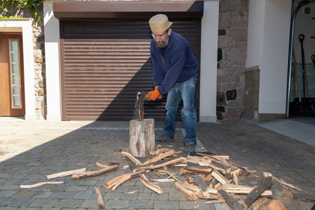 man with a beard chops a log on a tree stump with an ax. He is wearing safety glasses and gloves. Behind the brown gateの写真素材